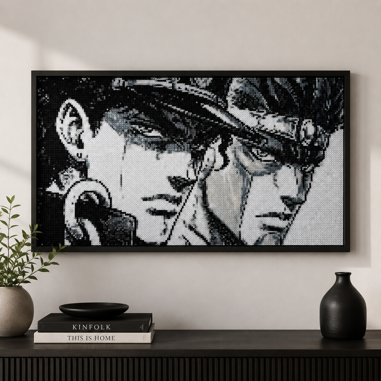 Jotaro Kujo & Star Platinum — Handmade Monochrome Bead Portrait