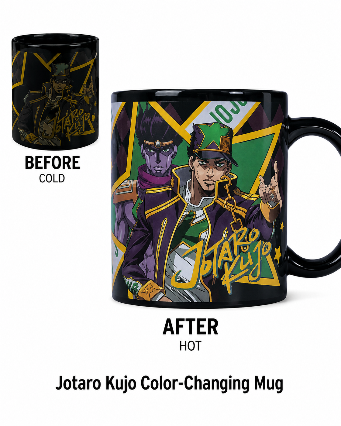 JoJo heat-reveal color-changing mug featuring Jotaro Kujo and Jolyne Cujoh – heat-reveal detail
