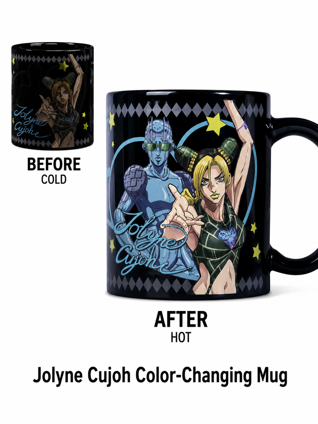 JoJo heat-reveal color-changing mug featuring Jotaro Kujo and Jolyne Cujoh – main product image